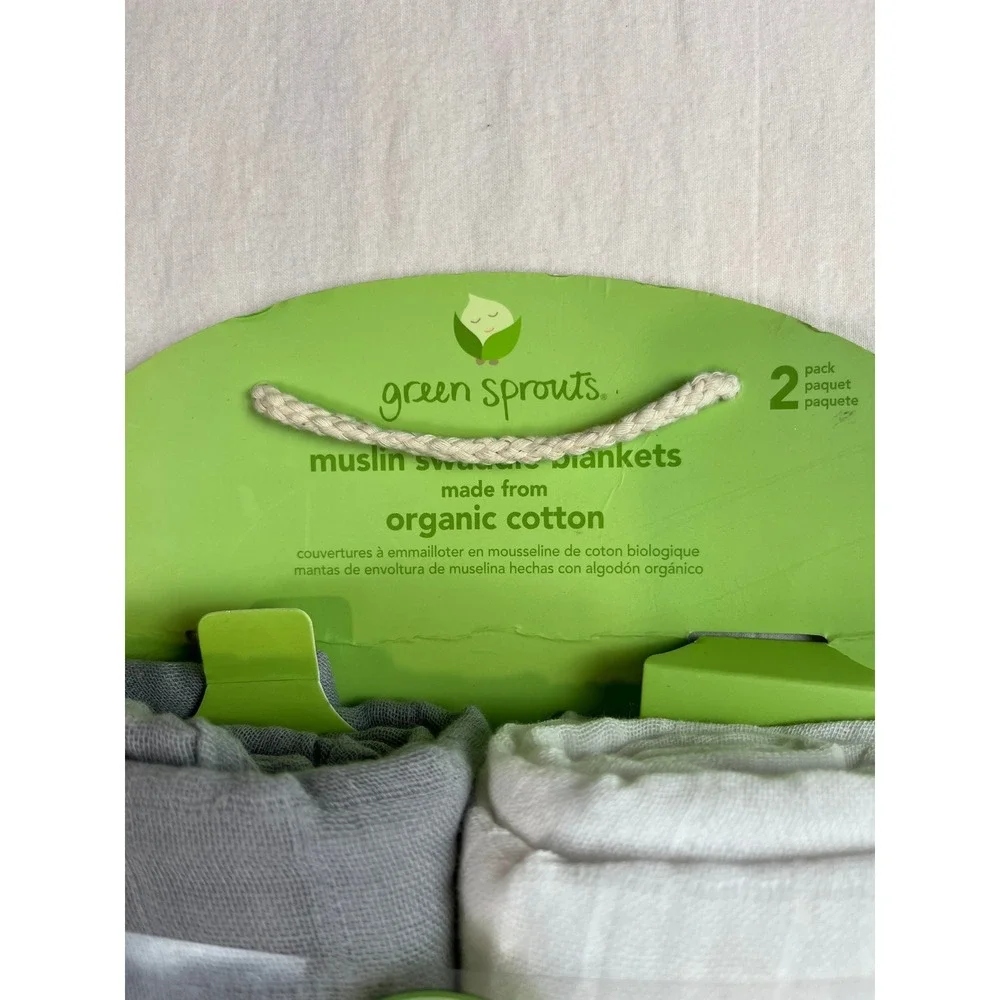 Green Sprouts 2 Pack Organic Cotton Muslin‎ Swaddle Blankets Grey White 44x44